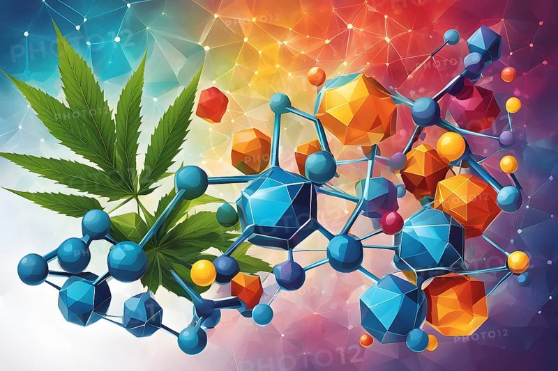 Abstract painting of chemical structure of thc and cbd interlocking geometric shapes, AI generated