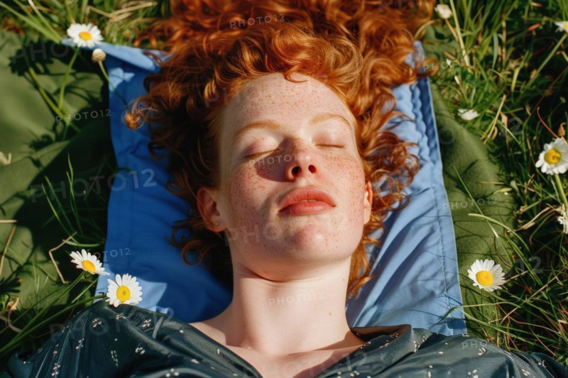 Teenager, young fair-skinned woman with red hair and freckles lying on a spring meadow and basking in the first spring sun, health risk, possible late effects, risk of skin cancer due to intense UV radiation that can cause sunburn, AI generated, AI generated, AI generated