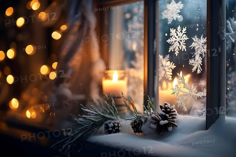 Snow-covered window with frost patterns, candlelight softly glowing through the glass, and warm, blurry Christmas lights in the background, AI generated