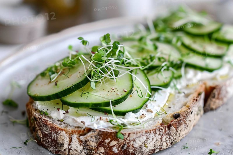 Healthy slice of bread with cucumber and cream cheese. Generative Ai, AI generated