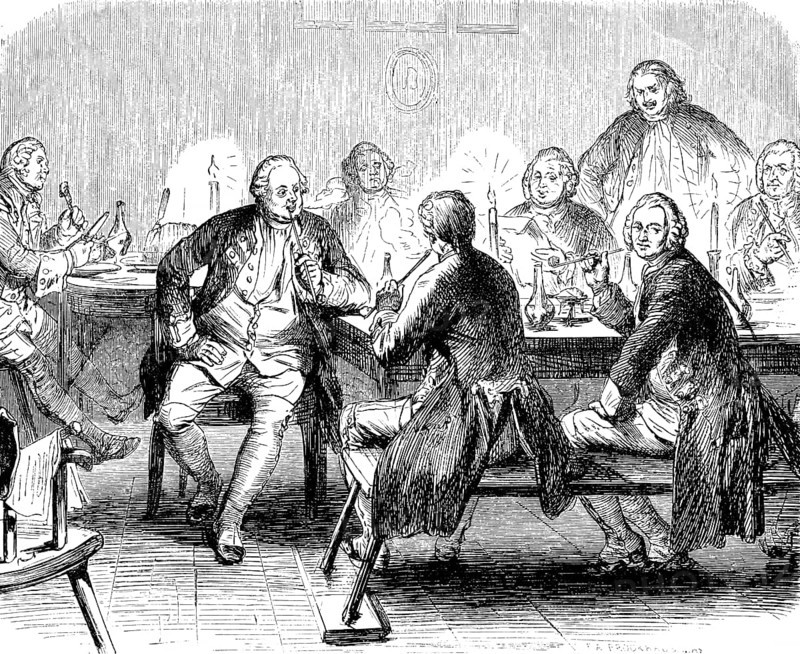 Frederick William I, Elector of Brandenburg in the tobacco college, court officials, pleasure, smoking a pipe, round table, tables, benches, armchairs, candlelight, Prussian history, historical illustration 1882