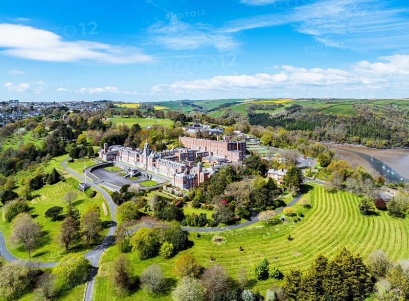 Britannia Royal Naval College from a drone, Dartmouth, Devon, England, United Kingdom, Europe