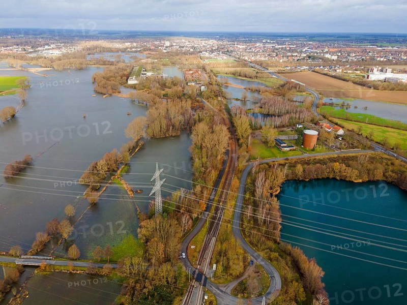 Aerial view of a flooded landscape with roads and trees, under a cloudy sky, flood, Christmas, 2023, Fuhse, Klein Ilsede, Peine, Lower Saxony, Germany, Europe