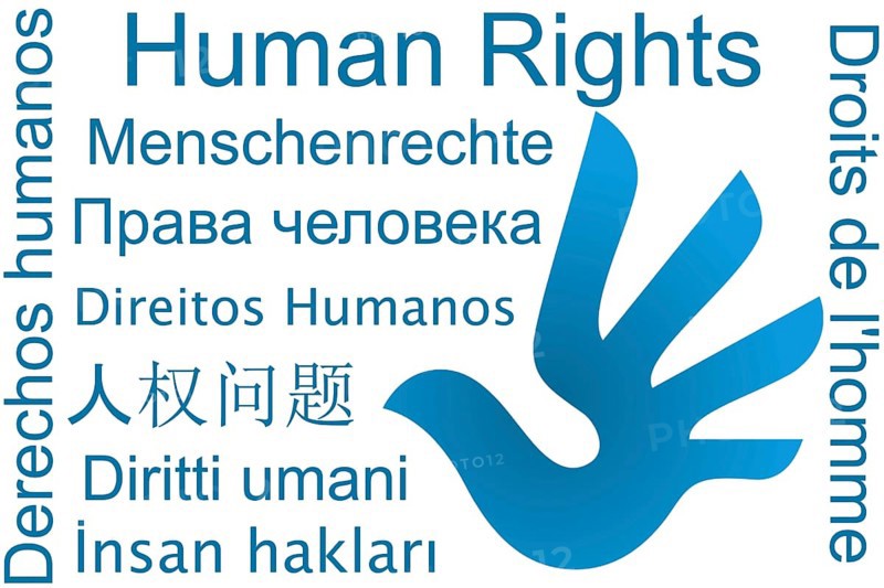 Graphic on the topic of human rights: Public domain human rights logo and the word human rights in various languages