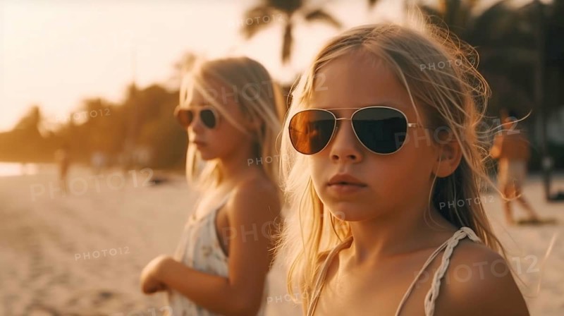 Two young children girlfriends posing wearing sunglasses having fun on the beach, generatvie AI, AI generated