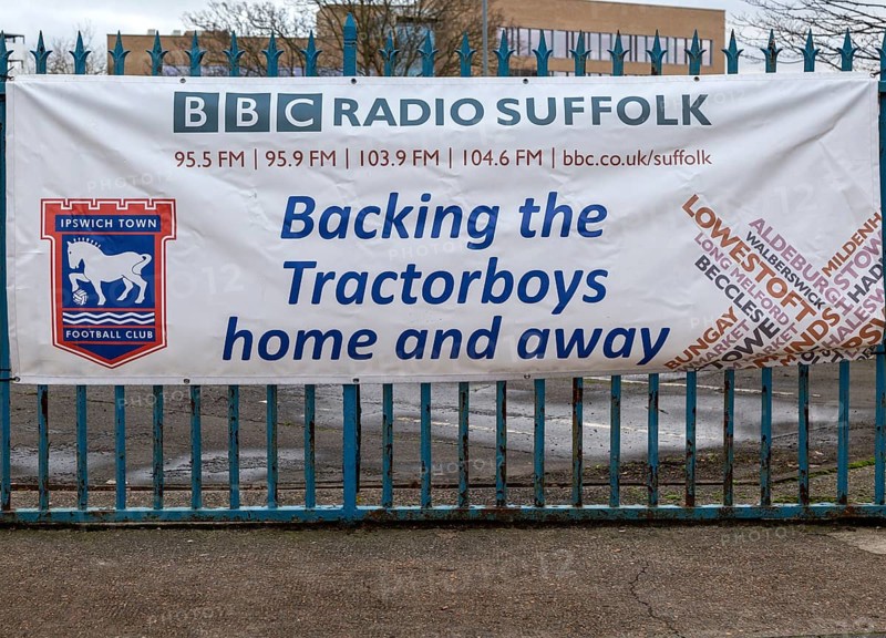 Banner adverting BCC Radio Suffolk support for Ipswich Town football club, Ipswich, Suffolk, England, UK
