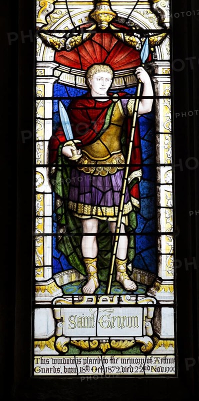 Stained glass window depicting Saint Gereon of Cologne, Parish Church of St Aldhelm, Bishopstrow, Wiltshire, England, United Kingdom, Europe
