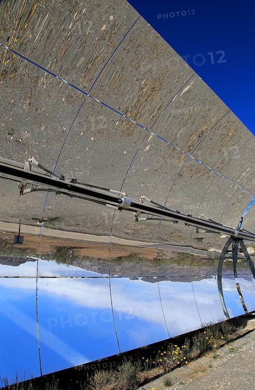 Curved concave reflector mirrors at the solar energy scientific research centre, Tabernas, Almeria, Spain, Europe