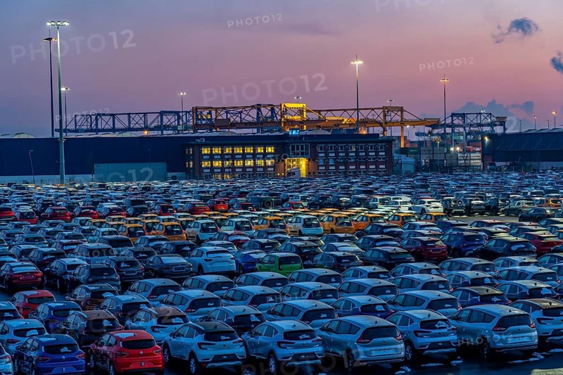 Car terminal in the Logport I inland port, in Duisburg on the Rhine, vehicle handling of new cars, storage area, rear container terminal, North Rhine-Westphalia, Germany, Europe