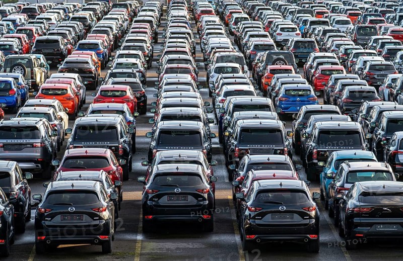 Car terminal in the Logport I inland port, in Duisburg on the Rhine, vehicle handling of new cars, storage area, North Rhine-Westphalia, Germany, Europe