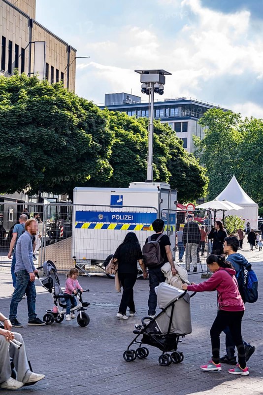 Police video surveillance at the Porschekanzel, in front of the Marktkirche in the city centre of Essen, mobile surveillance system, focus on crime, drug scene, images are transmitted in real time to the police control centre, temporary attempt to make the city safer and deter criminals, North Rhine-Westphalia, Germany, Europe