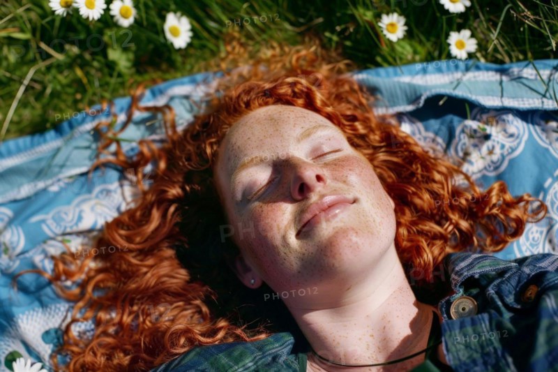 Teenager, young fair-skinned woman with red hair and freckles lying on a spring meadow and basking in the first spring sun, health risk, possible late effects, risk of skin cancer due to intense UV radiation that can cause sunburn, AI generated, AI generated, AI generated