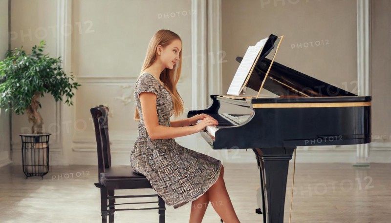 A focussed woman in a patterned dress plays a grand piano in a classically furnished room, AI generated, AI generated
