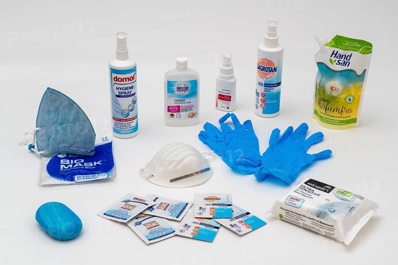 Hygiene articles to protect against infection by viruses, bacteria, disinfectants, wipes, rubber gloves, respiratory masks, soap