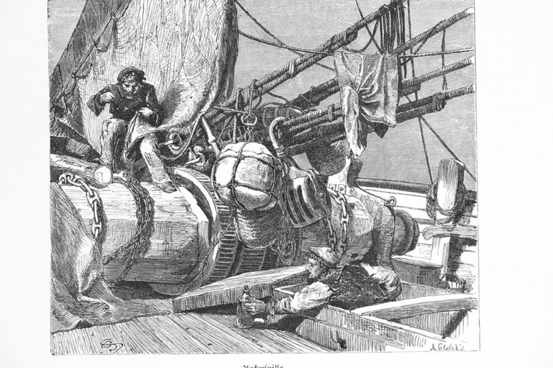 Anchor winch, sailing ship in Gdansk or Gdansk, Baltic Sea, Poland, anchor chain, mending sails, sailors, historical illustration 1880, Europe