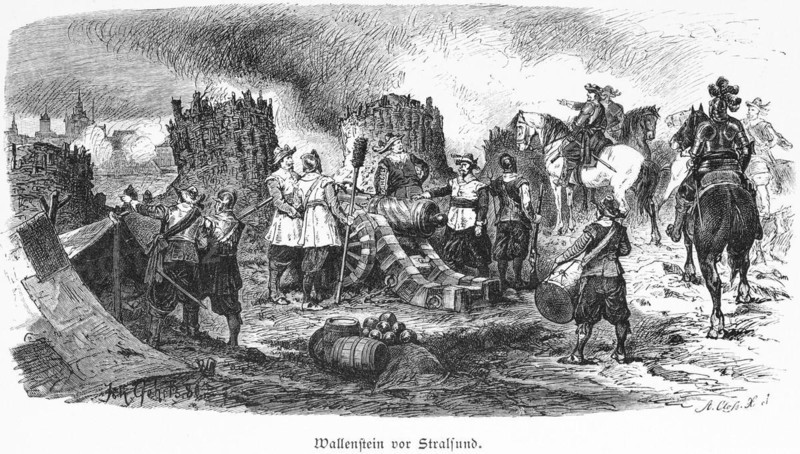 Wallenstein in front of Stralsund, Mecklenburg-Western Pomerania, Germany, siege, destruction, fire, war, horseman, cannon, knight, historical illustration 1880, Europe