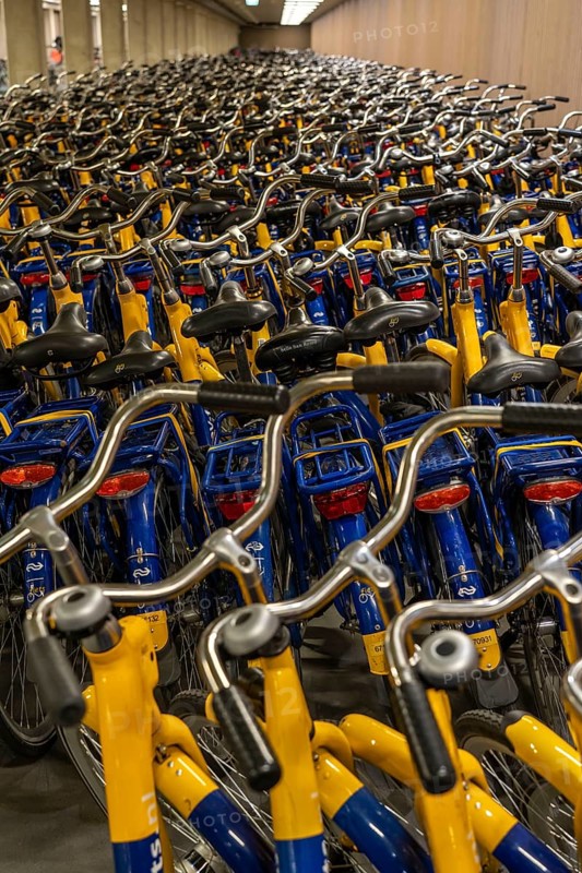 Bicycles at the OV-Fiets rental station, at Utrecht Central Station, hundreds of rental bikes waiting to be used, offer of the Dutch railway NS, for customers, low rental costs, available at almost every station, Utrecht, Netherlands