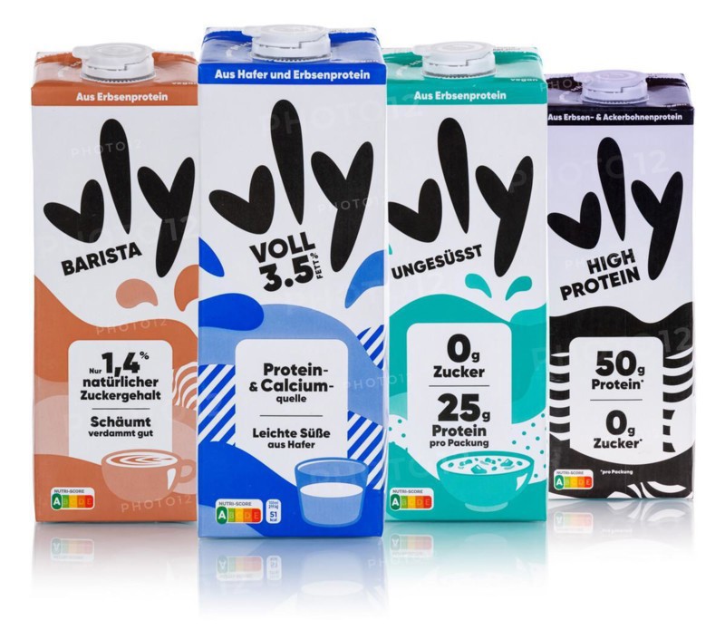 Vly vegan pea milk Milk substitute different flavours coloured against a white background