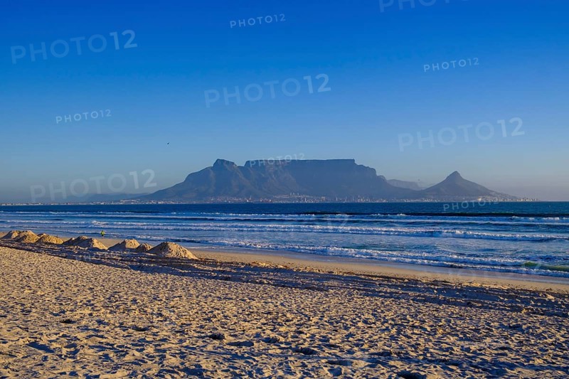 From Bloubergstrand to the silhouette of Cape Town, Cape Town, with Table Mountain, Cape Town, Western Cape, South Africa, Africa