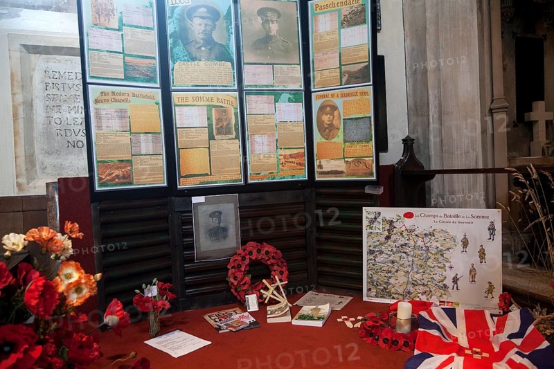 First world war remembrance display for local men, Parish Church of Saint Andrew, Castle Combe, Wiltshire, England, UK