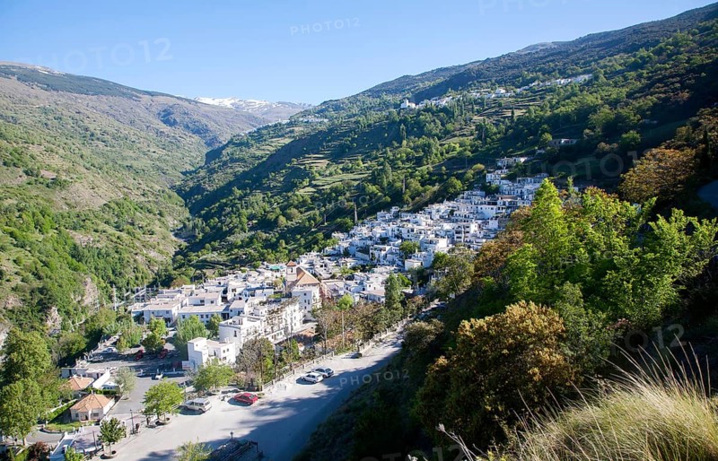 River Poqueira Gorge and village of Pampaneira, High Alpujarras, Sierra Nevada, Granada province, Spain, Europe
