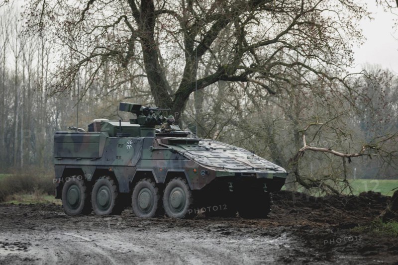 An armoured transport vehicle (called Boxer) of the German Armed Forces photographed during the military exercise 'Wettiner Schwert' near Tangermünde, 26.03.2024. 'Wettiner Schwert' is part of the Quadriga exercise of the German Armed Forces and the NATO large-scale manoeuvre Steadtfast Defender 2024