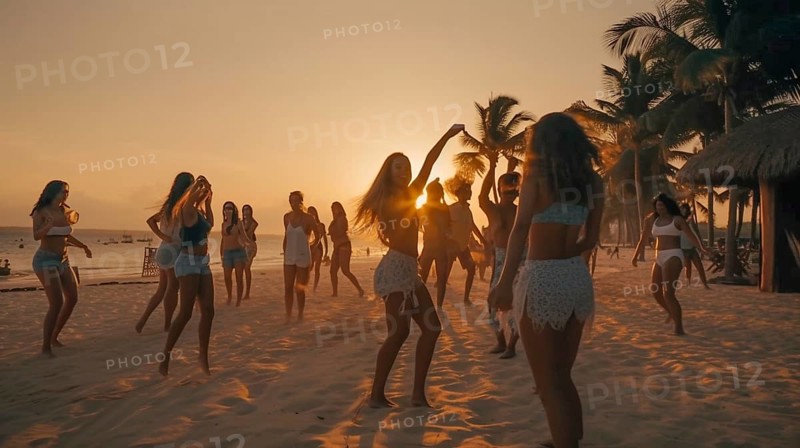 Young adults dancing on the beach enjoy the sunset on their vacation, generatvie AI, AI generated