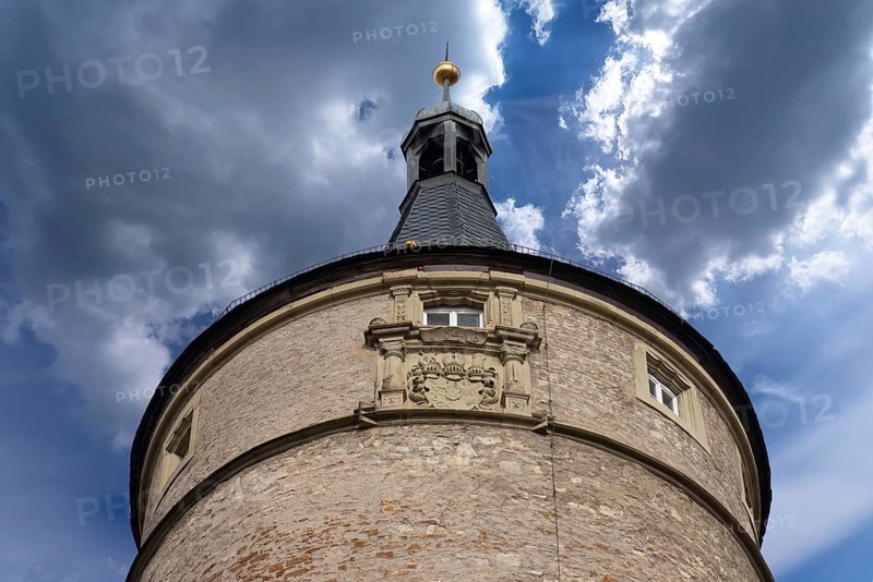 Spire of the Falterturm, late medieval tower of the town fortification, around 1480, Falterstraße, Kitzingen, Lower Franconia, Bavaria, Germany, Europe