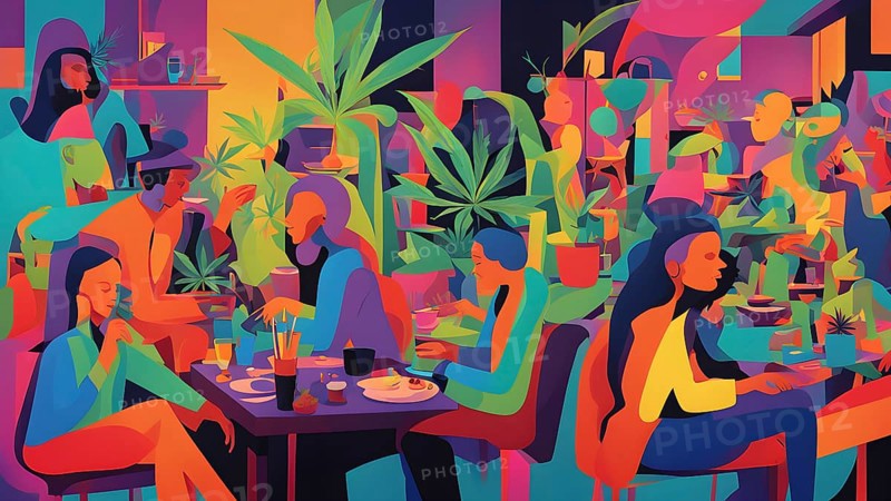 Abstract composition of a cannabis cafe with ambiance bold contrasting colors and playful shapes, AI generated