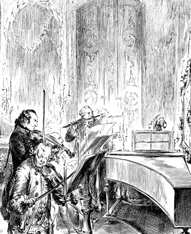 Frederick II the Great playing the royal flute in the parlour of Sanssouci Palace. Hohenzollern, musician, violins, music stand, Potsdam, Prussia, Brandenburg, historical illustration 1882