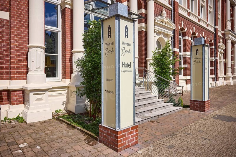 Entrance to the Hotel Weberei Bendix in the warehouse of the former Bendix weaving and spinning mill in Dülmen, Münsterland, Coesfeld district, North Rhine-Westphalia, Germany, Europe
