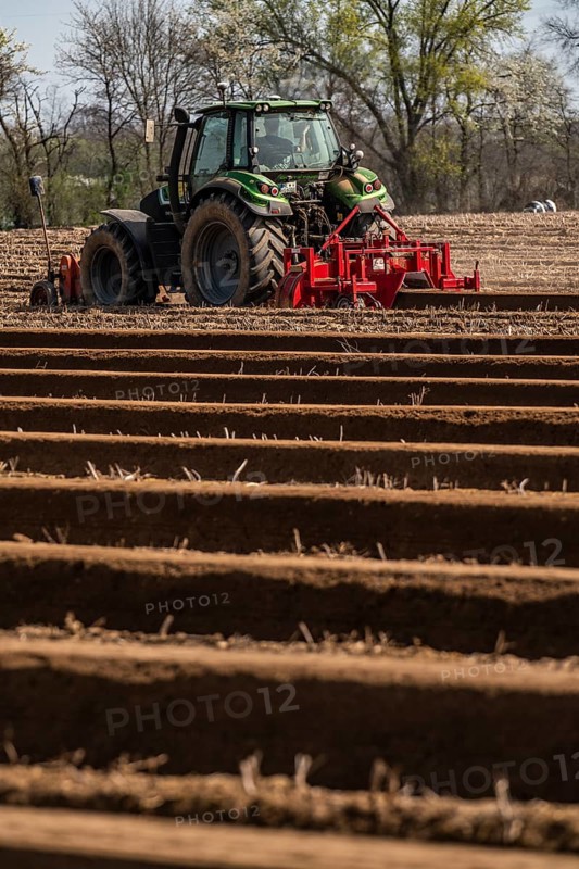 A farmer builds asparagus ridges on a field with the help of an asparagus tiller, in which the asparagus then grows, Dormagen, North Rhine-Westphalia, Germany, Europe