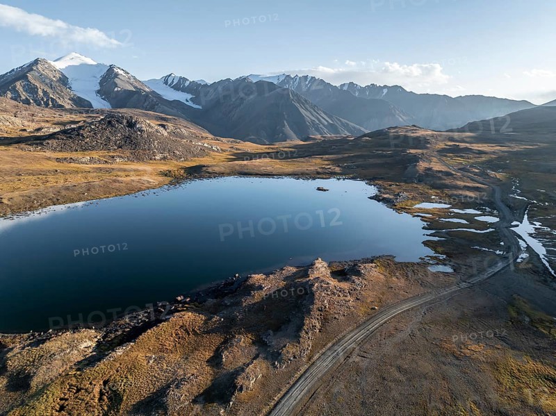 Aerial view, mountain peak and mountain lake, evening mood, Arabel Lake at Arabel Pass, Issyk Kul Province, Kyrgyzstan, Asia