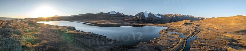 Aerial view, mountain peak and mountain lake, evening mood, Arabel Lake at Arabel Pass, Issyk Kul Province, Kyrgyzstan, Asia