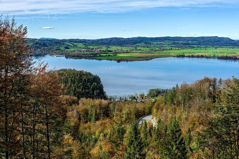 View of the Lake Kochel, Loisach-Lake Kochel-Moor, Schlehdorf, behind Hoher Peißenberg and Rehberg, below Great Castle in Altjoch and Kesselbergstraße, road on Kesselberg, Bavarian Prealps, Alps, Upper Bavaria, Bavaria, Germany, Europe