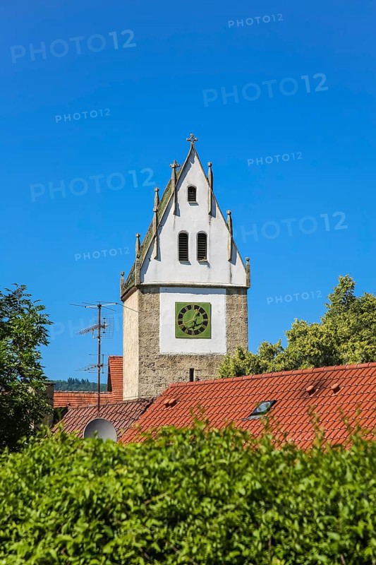 Church tower of St Martin's Church, Protestant church, Church of St Martin, sacred building, place of worship, side tower with clock, Oberlenningen, suburb of Lenningen, Esslingen district, Baden-Württemberg, Germany, Europe