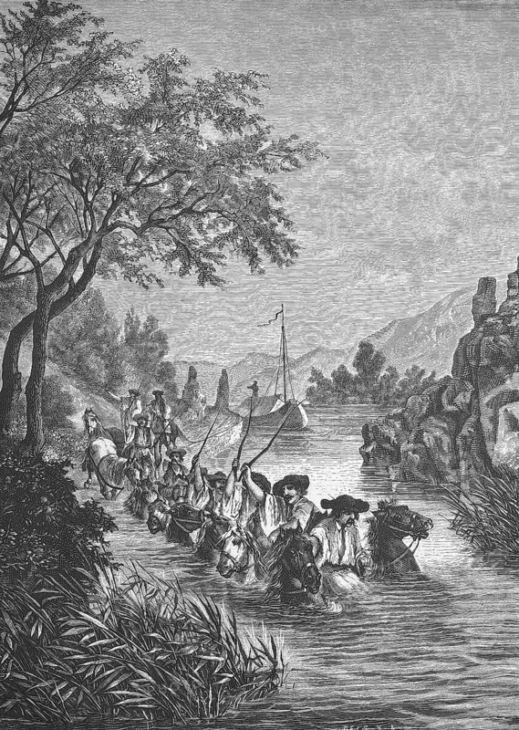 Hungarian ship pullers in a branch of the Danube near Hainburg, Historical, digitally restored reproduction from a 19th century original, Record date not stated