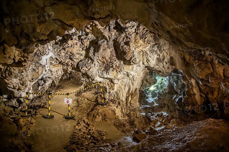 The Hohle Stein cave in the Swabian Alb. Ice age cave in the Achtal valley, site of important archaeological excavations from the Aurignacian period. The most important find is the Venus from the Hohle Stein. The first work of art in human history to depict a human figure. Schelklingen, Baden-Württemberg, Germany, Europe