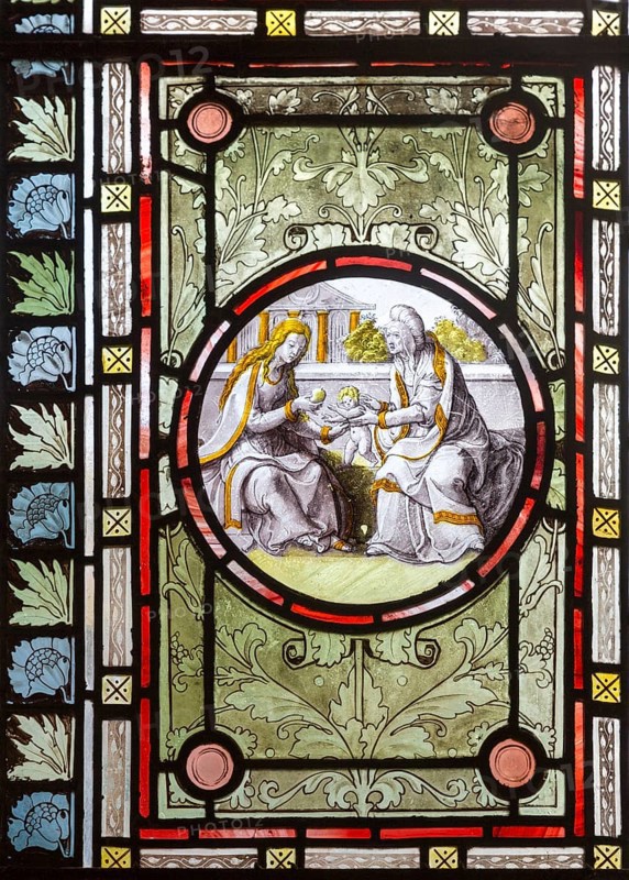 Flemish images stained glass window church of Saint John, Saxmundham, Suffolk, England, UK, Holy Kinship Blessed Virgin and St Anne with infant Christ