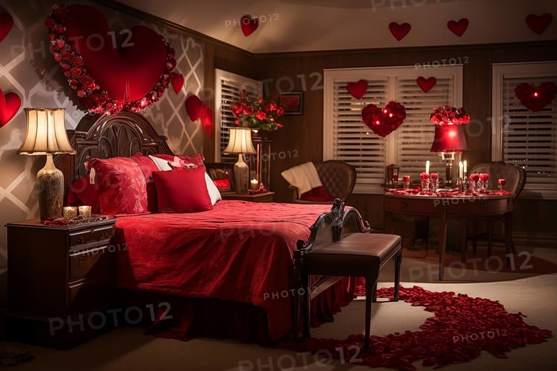 A cozy bedroom adorned with red and white heart-shaped balloons, rose petals, and candles creating a romantic atmosphere for Valentine's Day, AI generated