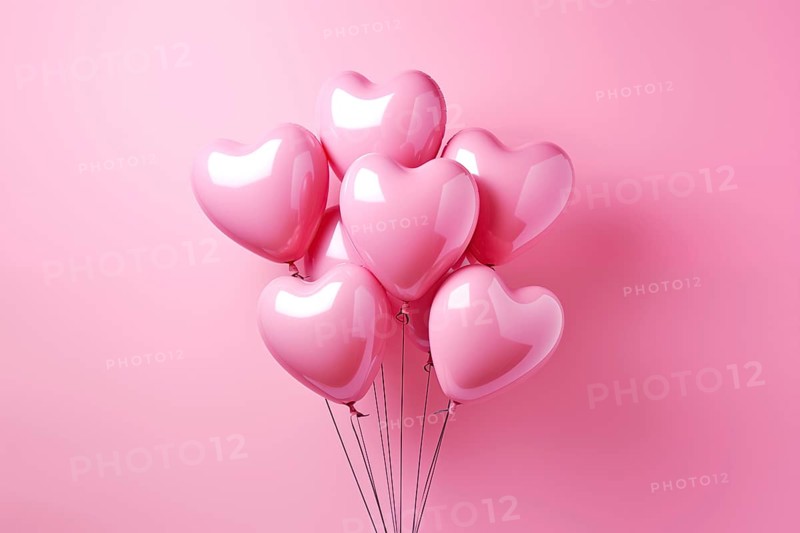 Bunch of glossy pink heart-shaped balloons against a soft pink background, perfect for Valentine's Day, anniversaries, or any romantic occasion, AI generated