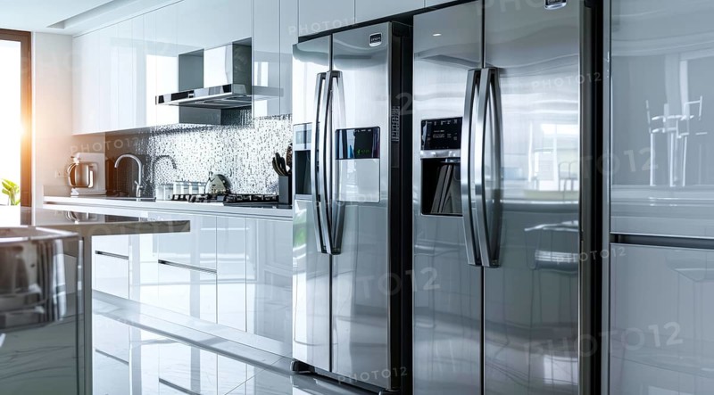 Modern kitchen with a stainless steel refrigerator and oven. Home renovation and upgrades, AI generated