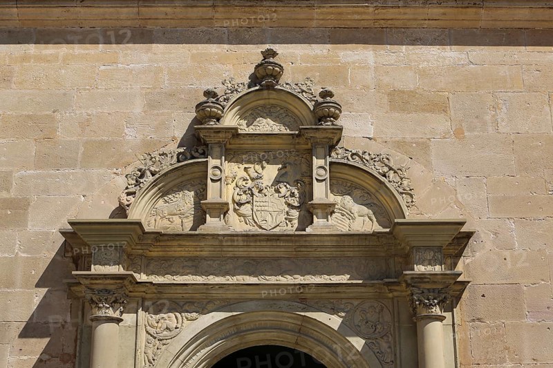 Detail above portal, coat of arms, relief, stone wall, masonry, Hohentübingen Castle, Museum of the University of Tübingen MUT, higher education institution, historical building, place of learning, Renaissance complex built in the 16th century, in the castle courtyard, Eberhard Karls University of Tübingen, Tübingen, Baden-Württemberg, Germany, Europe