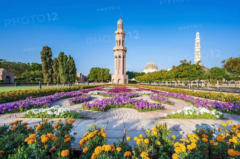 Sultan Qaboos Grand Mosque, blooming flowers in gardens, Muscat, Oman, Asia