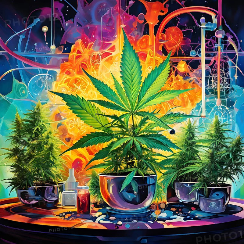 Abstract painting of chemical structure of thc and cbd interlocking geometric shapes, AI generated
