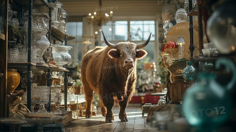 Very large bull with horns in a China shop filled with glassware. generative AI, AI generated