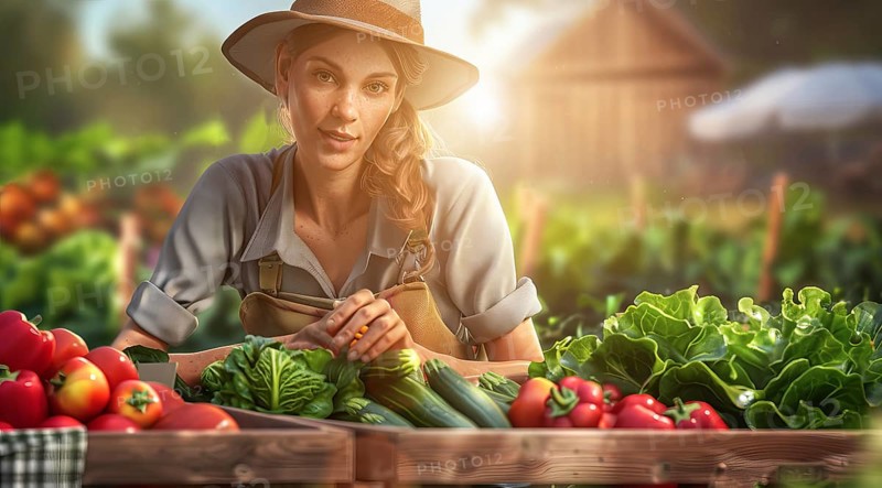 Farmer picking tomatoes from a crate. The scene is set in a garden with a variety of vegetables, AI generated