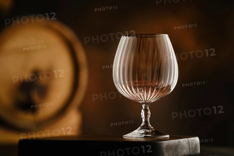A beautifully crafted crystal brandy glass stands gracefully on a polished wooden surface, illuminated by soft lighting. Blurred background with wooden barrel adds depth and contrast to this luxurious setting