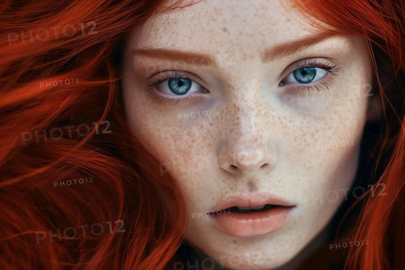 Close up of dace of woman with bright red hair and many freckles. KI generiert, generiert AI generated
