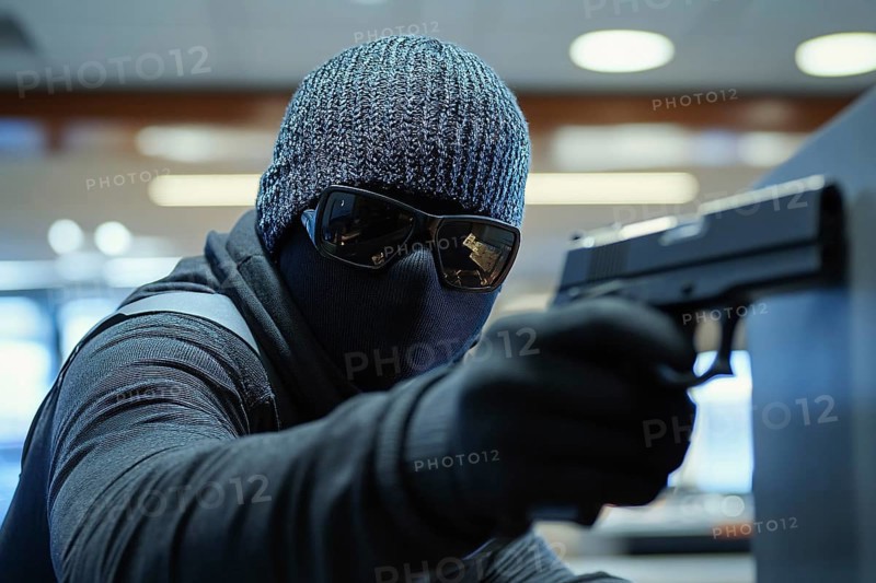 Bank robber with face hidden behind ski mask and sunglasses with gun. Generative Ai, AI generated